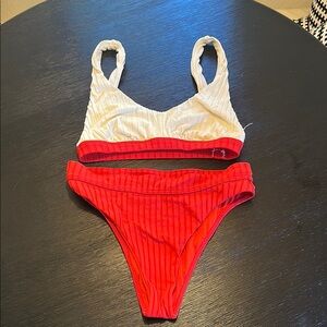 Red and White Ribbed Bikini Set